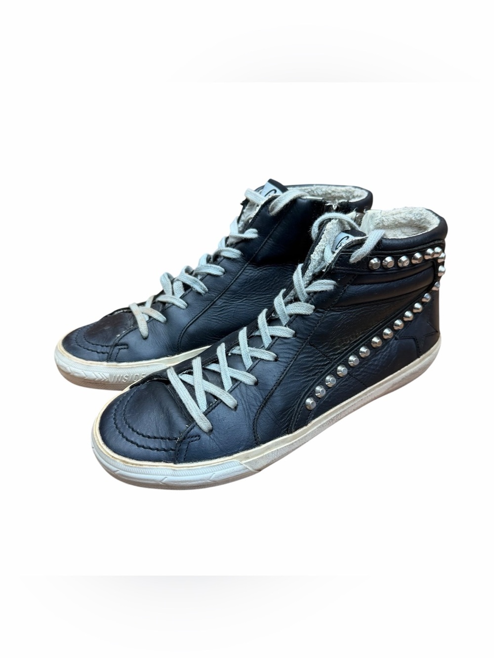 Golden Goose Women's 7.5-8 ( 38 EU) Black Mid-Top Leather Stud Sneaker Shoes